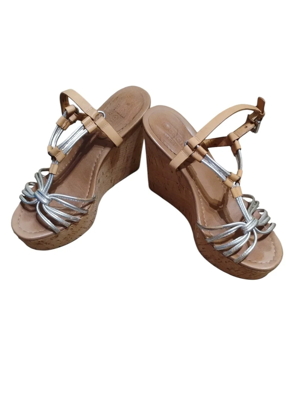 Coach Georgina Wedge Sandals with Cork Platform - Silver & Tan Size 6.5